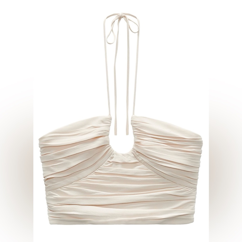 Zara Cropped Rusched Top with Key Hole Cutout NWT Ivory size Small $49.90